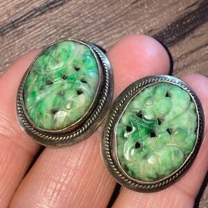 Chinese earrings Carved Green Jade Jadeite Sterling Silver screw on antique